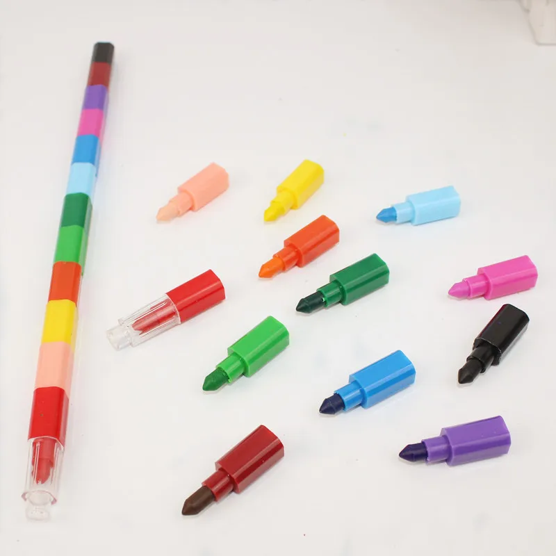 12pcs Rainbow Pencils 12 Colors Stackable Crayons Set Pencils Office School Writing Tools DIY Graffiti Building Blocks Crayon