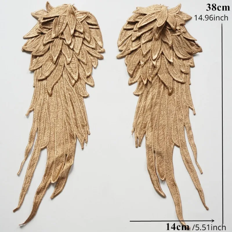 1Pair Gold Brown Embroidery Angel Wing Applique Sewing Flower Collar Patch for Wedding Party Gown Bridal Dress Clothes DIY