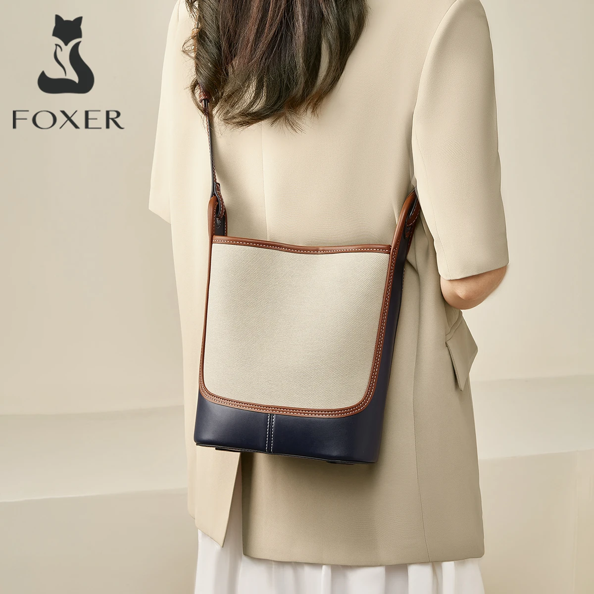 FOXER Women Fbirc Shoulder Handbag Simple Bucket Bag Purse Female Vegan Hobo for College Girl Chrismas Gift