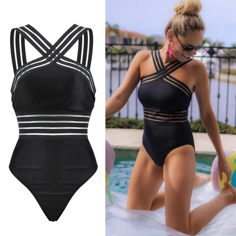 Sexy Black Striped One Piece Bikini Women's Bandage Push Up Monokini Swimwear Swimsuit Beach Triangle Bathing Suit