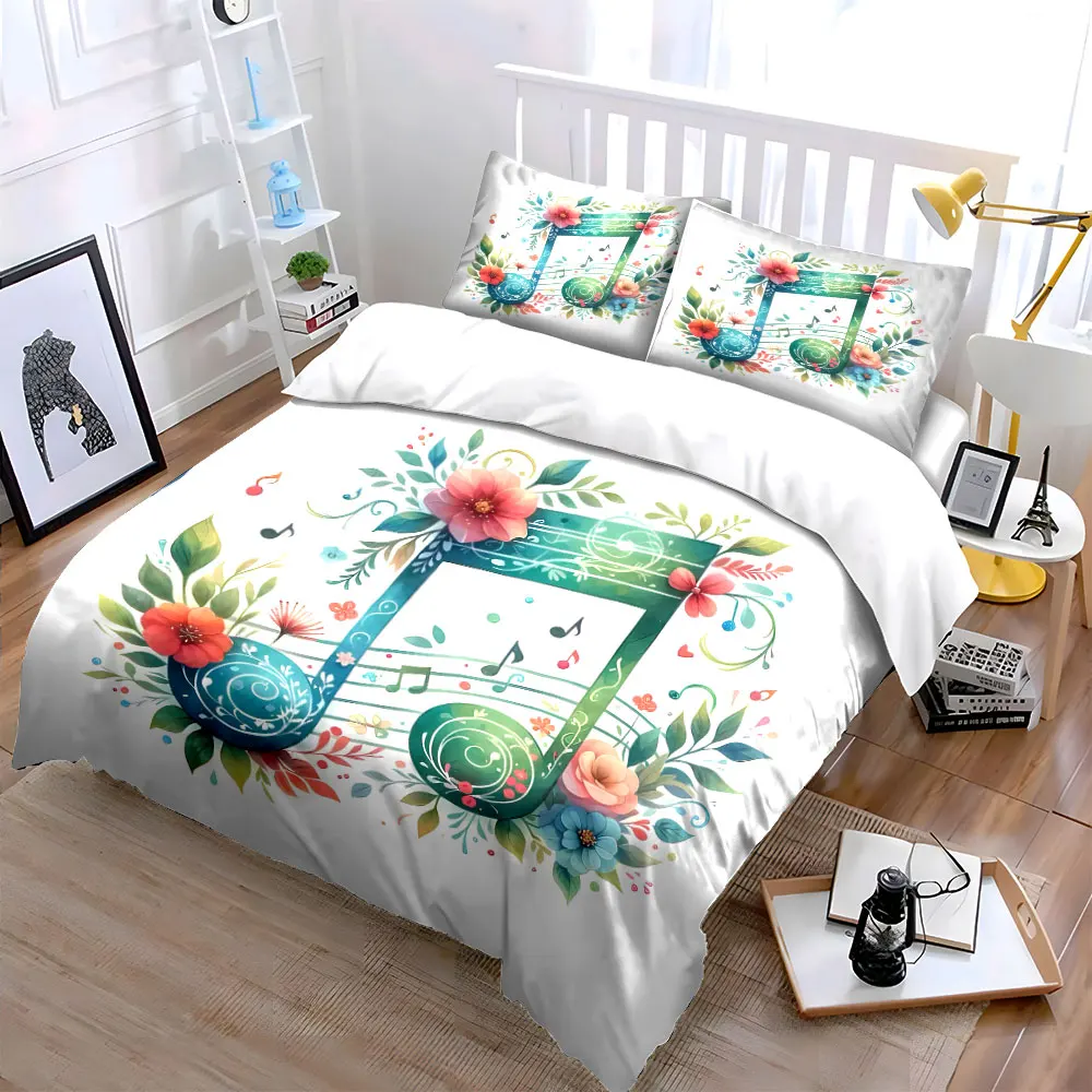 Elegant fusion of music and flowers Pattern Duvet Cover Set Digital Print Colorful Polyester Bedding with Zipper Closur