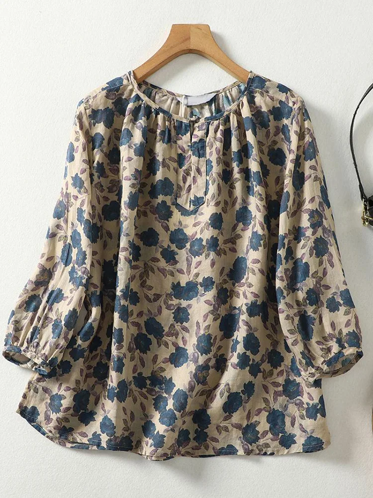 Blue Floral Printing Linen O-Neck Lantern Sleeve T-shirt Loose Women's Blouse Shirt Korean Fashion Female Clothing Tops 2024
