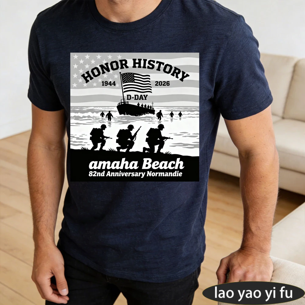 Men D-Day Omaha Beach 82nd Anniversary Normandie T-Shirt 1944-2026 Honor History Patriotic US Flag Print Short Sleeve Casual Tee view 3