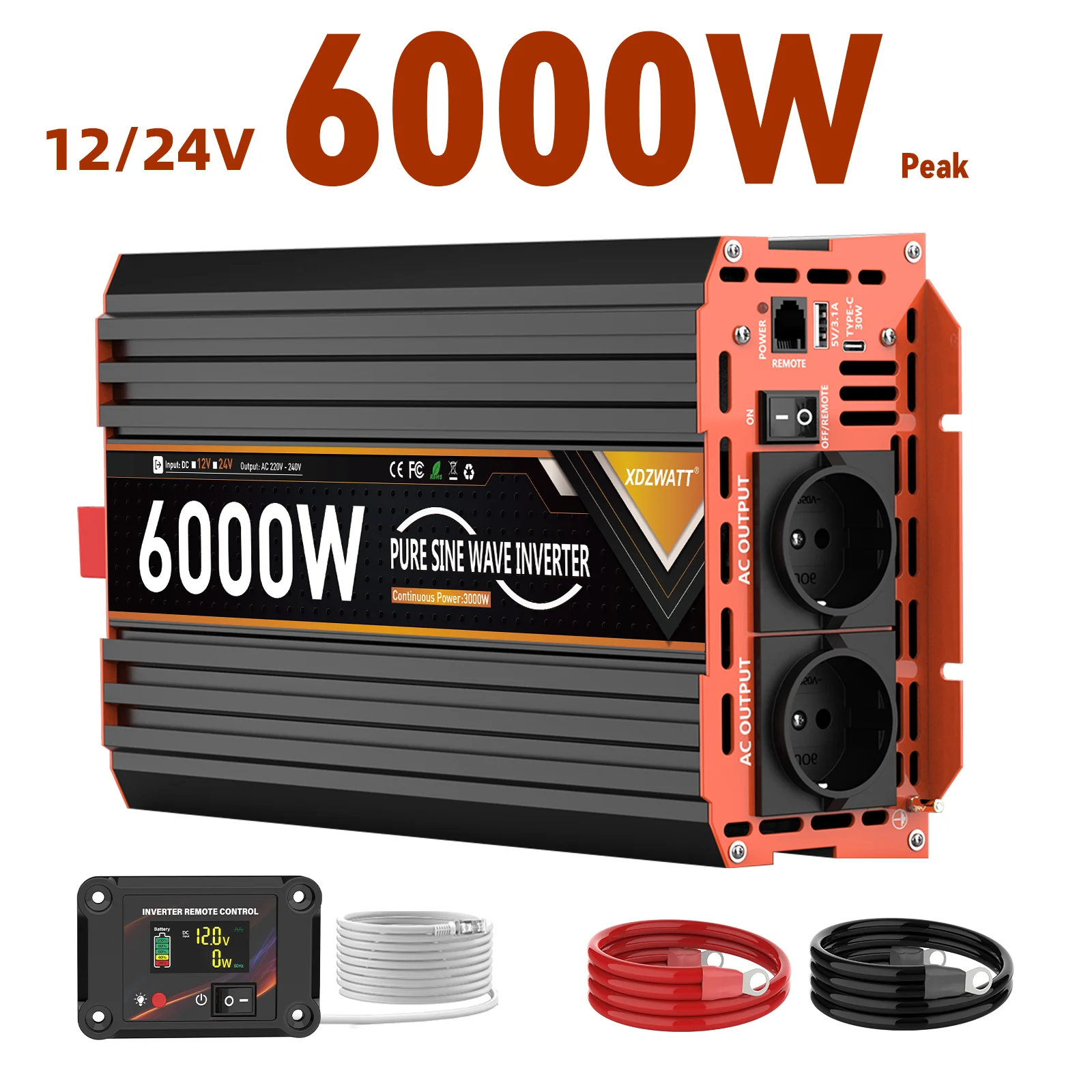 6000W Potenza di Picco Onda Sinusoidale Pura Inverter DC 12V 24V a AC 230V 50HZ Presa UE LCD Auto Voltmetro Convertitore Trasformatore LCD