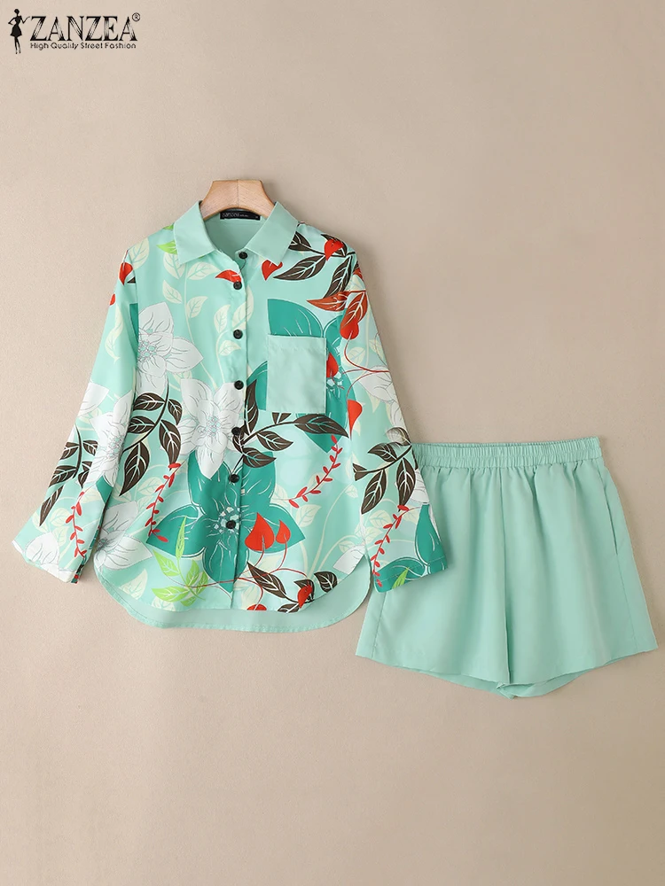 ZANZEA ストリートウェア ウエストゴム ショートパンツ セット 2025 夏 レディース 花柄プリント 長袖 カラーシャツ ツーピーススーツ ショートセット