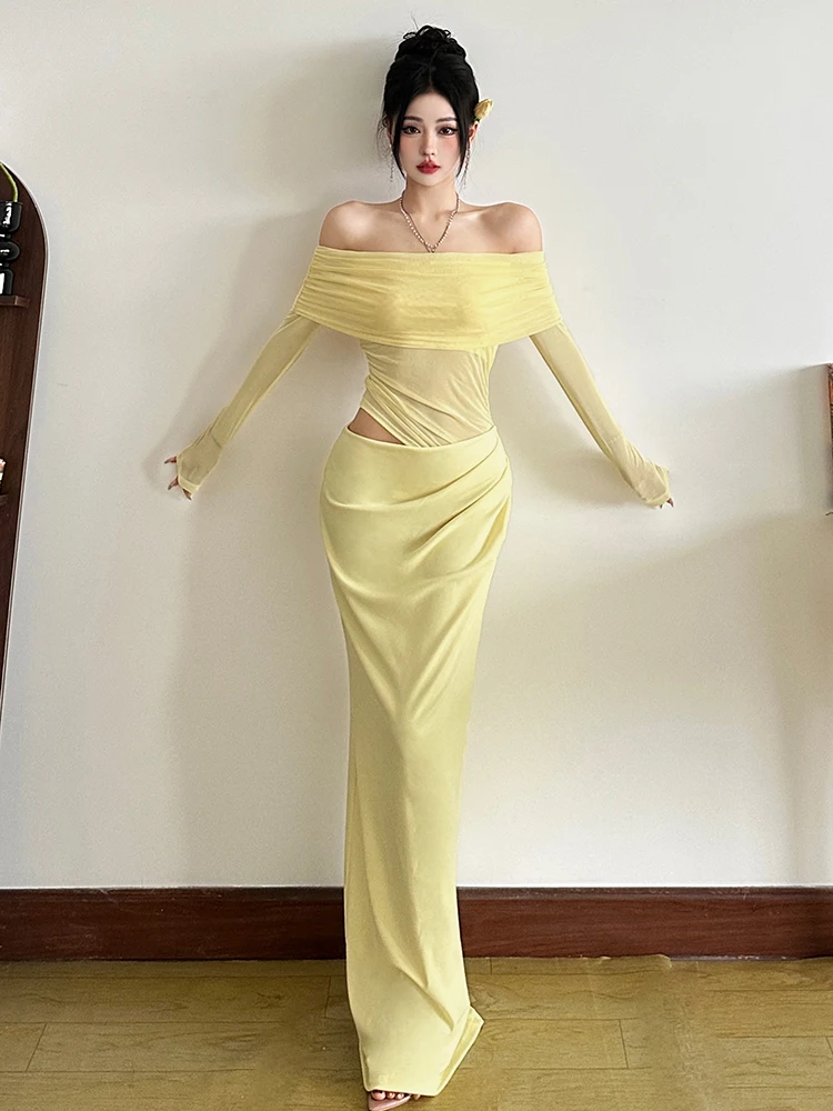 Vestido extraño con cuello oblicuo de gato para mujer, elegante, Sexy, de retales, de malla, fruncido, hueco, para fiesta de cumpleaños, ropa para discoteca, vacaciones, 2025