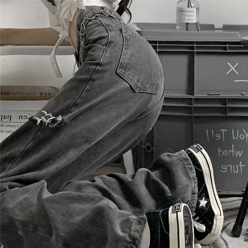 Vintage Streetwear Dark Gray Jeans Women Y2K High Waist Ripped Denim Trousers Female 2022 New Design Loose Wide Leg Pants