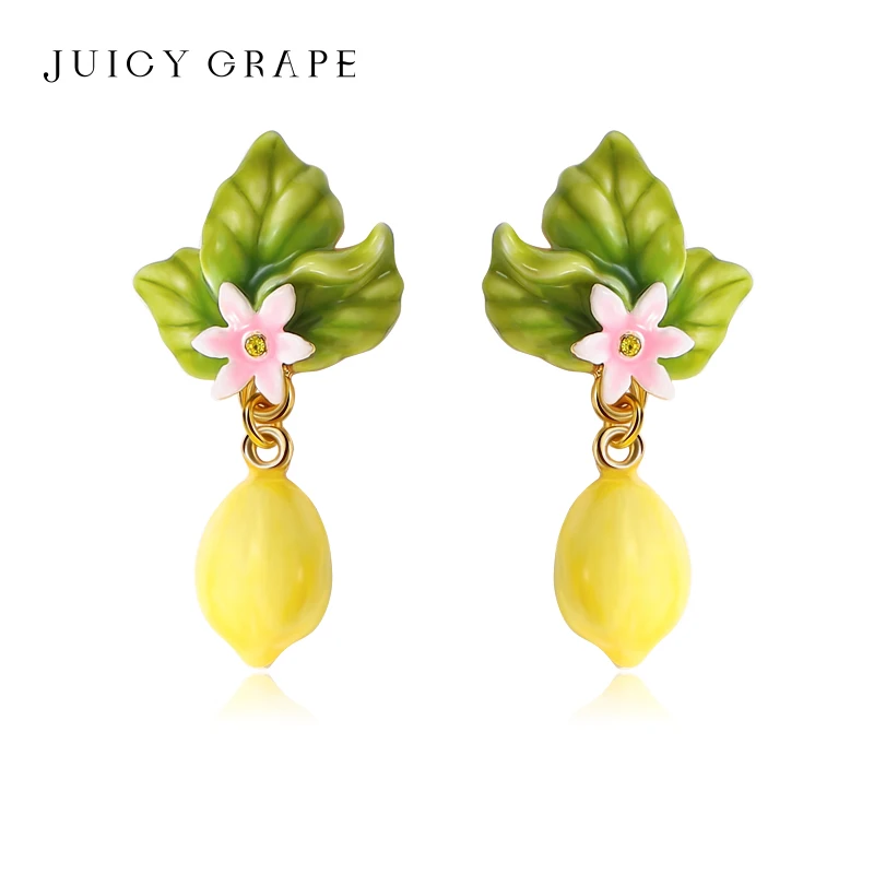 Juicy Grape Lemon Enamel Earrings Yellow Fruit Floral Charms Boho Summer Beach Jewelry Set for Women