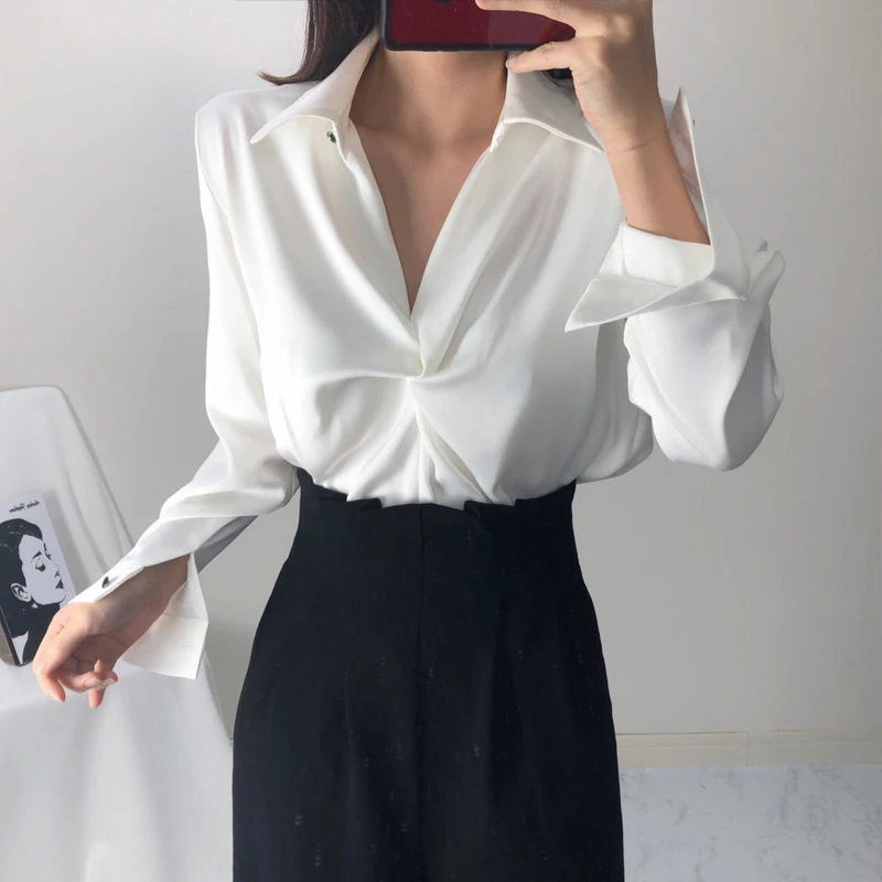 Neploe Korean Chic Niche Elegant Lapel Twist Design Blouses Femme 2025 Early Autumn Simple Casual Solid Color Long Sleeve Shirts