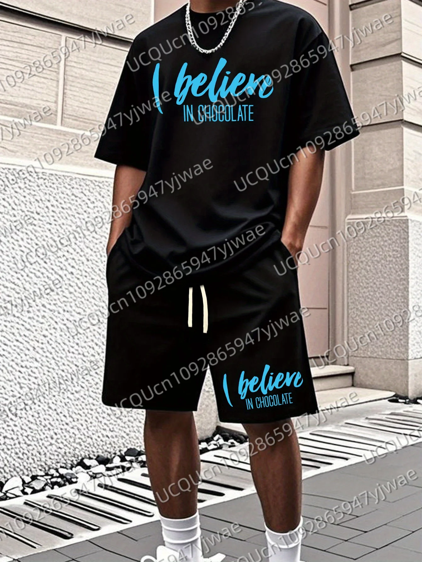 

Summer Men's Letter Print Short Sleeve T-Shirt & Shorts Set Round Neck Gradient Short Sleeved Women's T-shirt Shorts Set