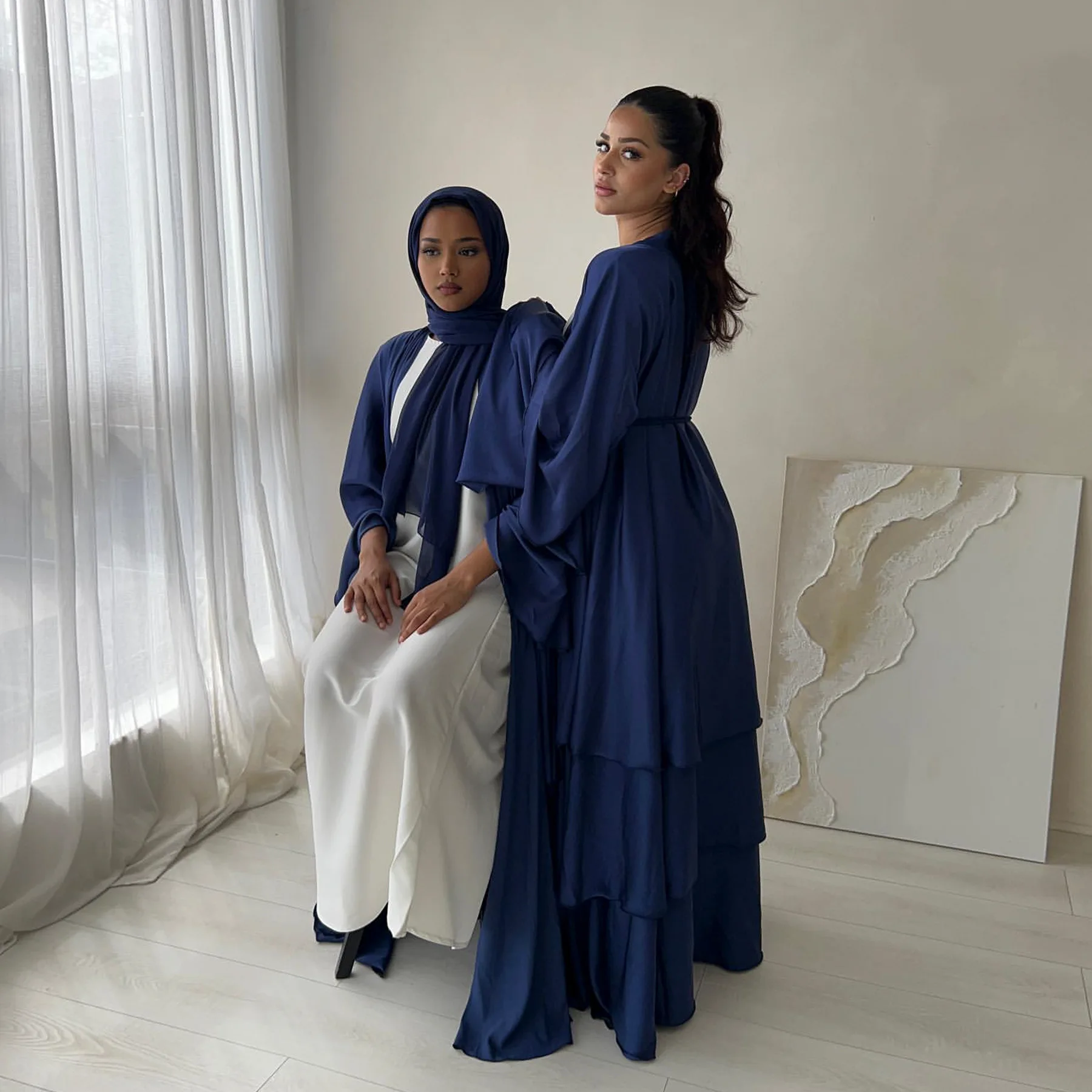 

Layered Open Abaya Ramadan Luxry Satin Long Dress Islamic Clothing for Women Trumpt Sleeve Dubai Turkey Modest Outfit Cardigan