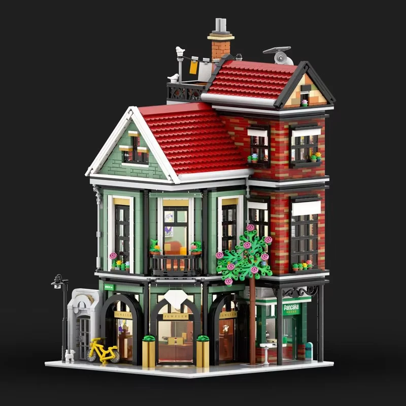 โมเดลบ้านแถวแบบโมดูลาร์ MOC พร้อมร้านขายเครื่องประดับและร้านแพนเค้ก ของเล่นตัวต่อประกอบเอง ของขวัญสำหรับเด็ก