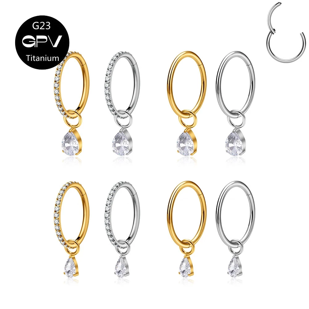ASMT G23 Titanium Earrings Water Drop Zircon Pendant Closed Loop Men's and Women's Perforated Jewelry Nasal Diaphragm Ring