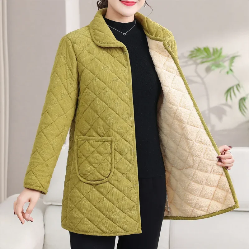 Add Velvet Coat Female Tops Middle Aged Women\'s Mid-Length Cotton-Padded Jackets Winter Warm Cold-Proof Overcoat