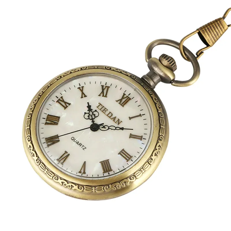 Classic Roman Numerals Pocket Watch Quartz Analog Necklace Chain with Open Face Design Unisex Clock Vintage Gift