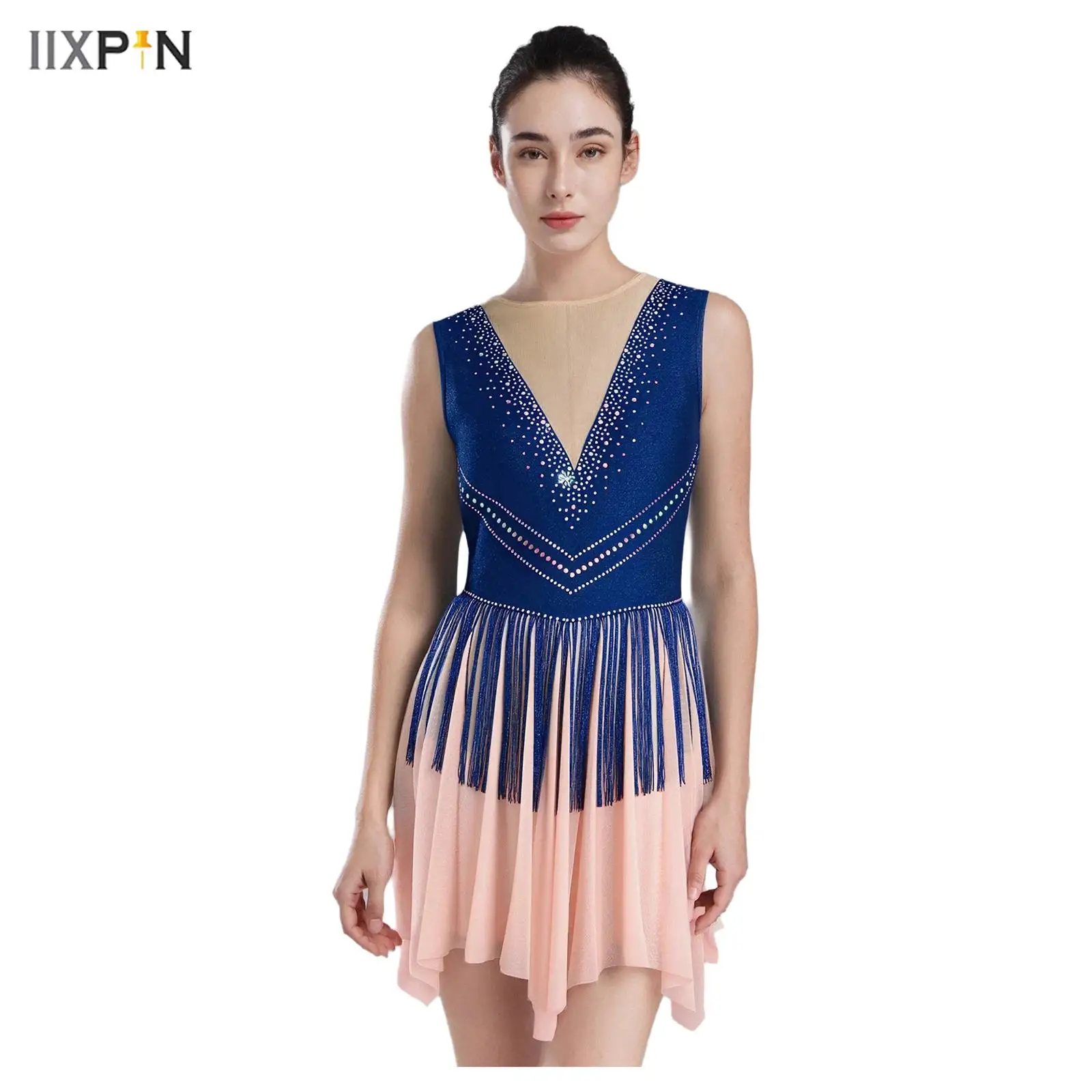 

Women's Figure Skating Dress Rhinestones Tassel Sleeveless Contrast Color Mesh Leotard Dress Ballet Latin Rhythmic Dance Dress