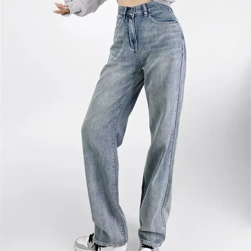 

Trendy White Jeans Soft And Stiy Straight Leg Pants High Waist mid Stretch Other Fabric Faionable Ladies Jeans