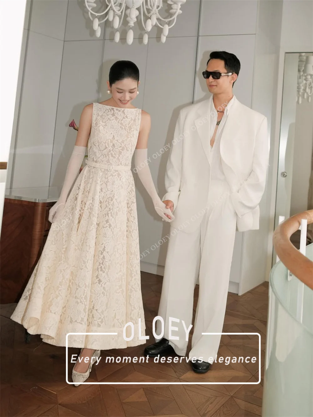 OLOEY Unique Lace A-Line Wedding Dresses Boat Neck Sleeveless Bridal Gowns Customized Ankle Length Robe De Mariage