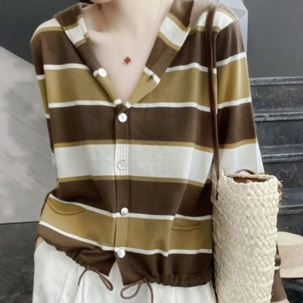 

Women's Spring Cardigan Hooded Knitted Sweater Color Matching Striped Buckle Casual Loose Fit Drawstring Thin Outerwear