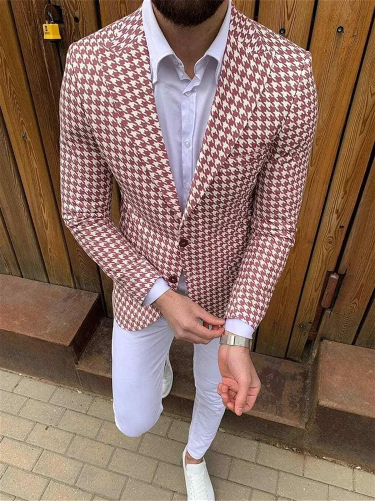 1Pieces High Quality Male Blazer Fashion Single Breasted Plaid Men\'s Clothing Houndstooth Business Casual Men\'s Suit Jacket