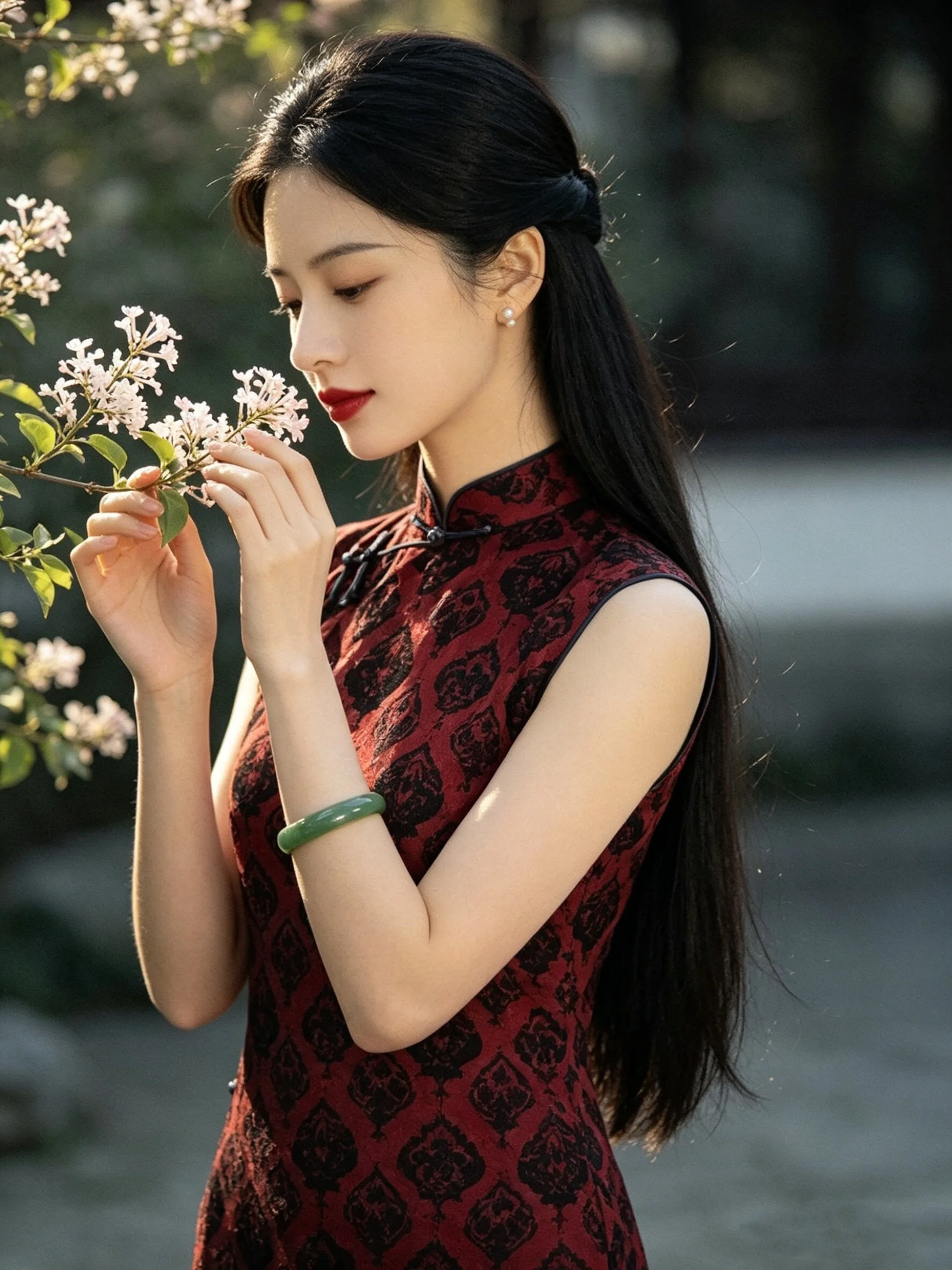 Elegant Red Young Style  Dress Silk Material Vintage Feel Low Slit Daily Wear Floral Patterned Long Qipao for Weddings