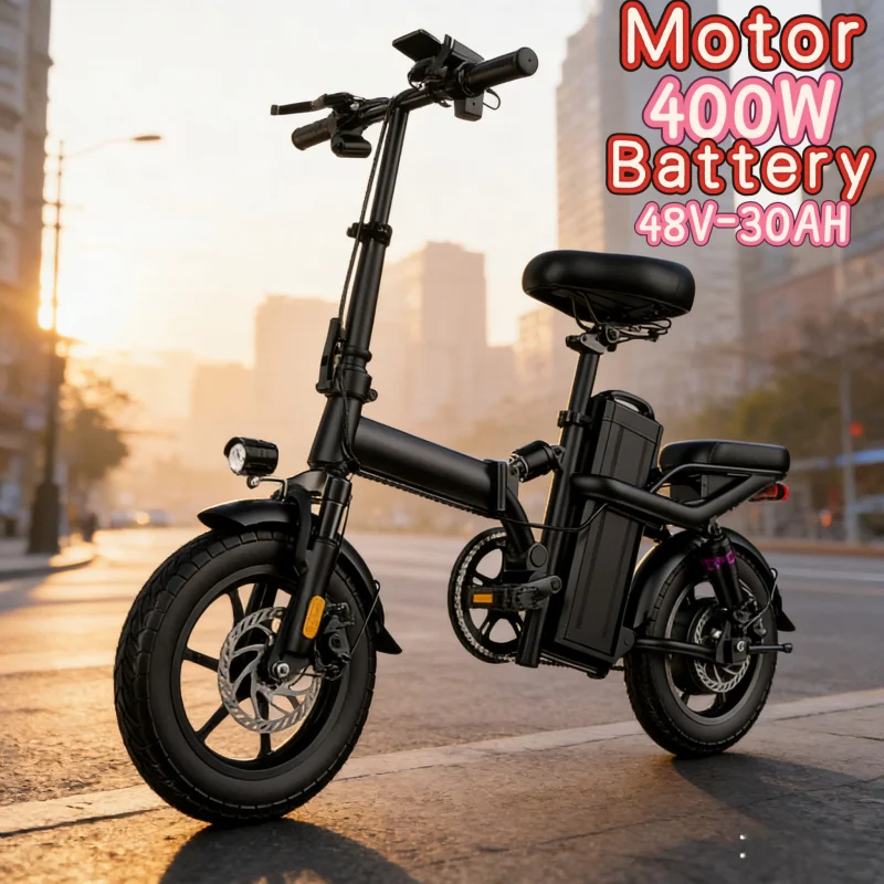 

14-inch foldable electric bicycle 48V30AH long-range battery long-distance electric scooter 400W motor run-proof tire E-Bike