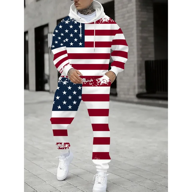 Men's 3D American Flag Printed Hoodie and Sweatpants Set 2026 Patriotic Tracksuit Comfortable Fit Fashion Sportswear Spring
