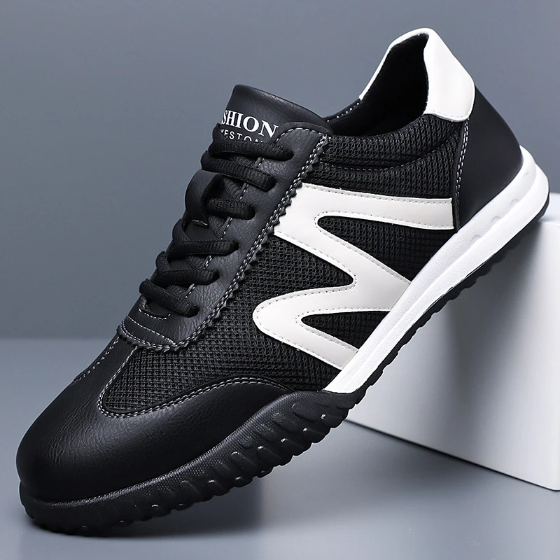 Korean Men's Breathable Mesh Shoes Casual Summer White Sports Sneakers Boys Lightweight Fashion Trainers PU Sole Tactical Black