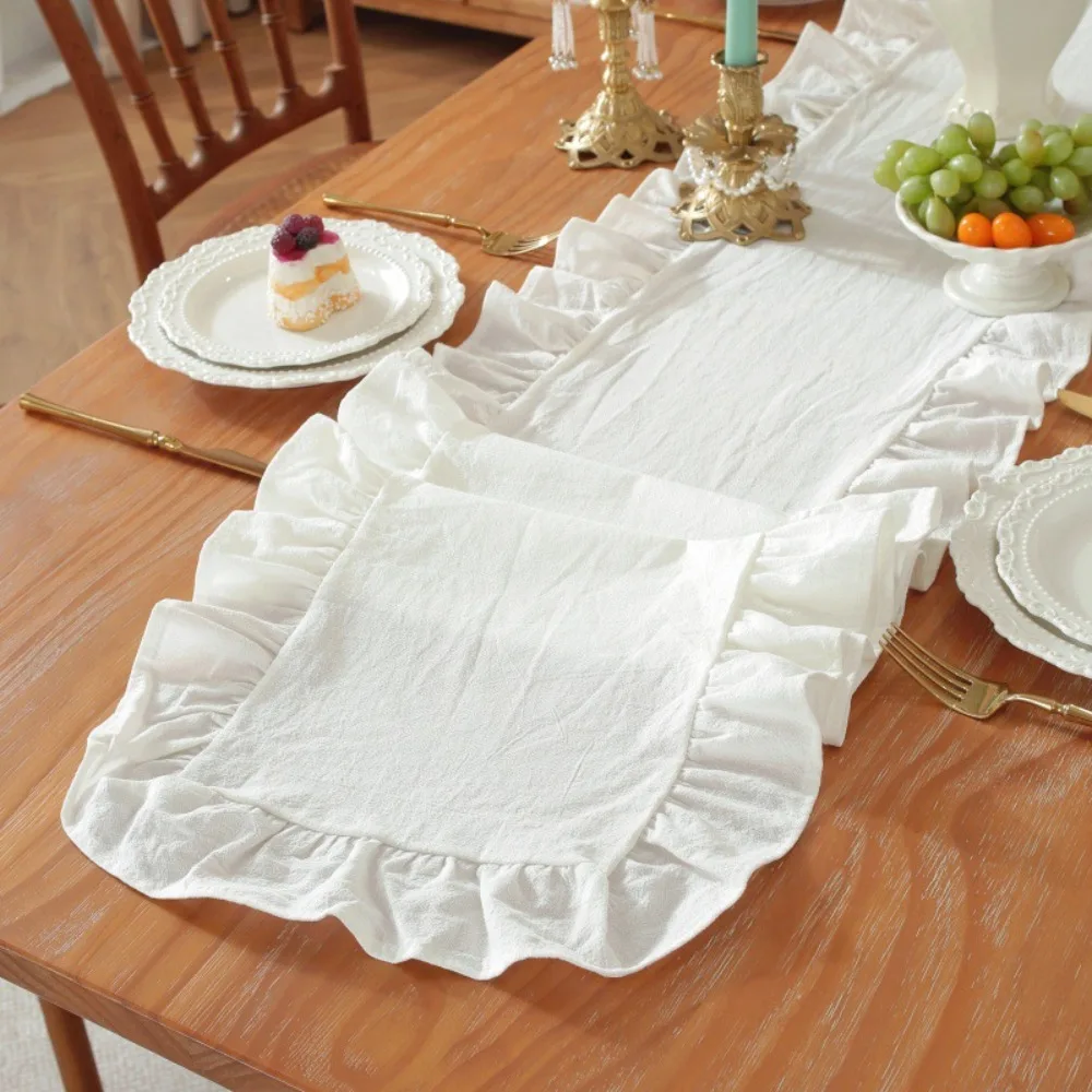 

Rustic Style Ruffled Edge Table Runner Solid Color Rectangular Dinning Table Runner Anti Slip Washed Cotton Tables Cover
