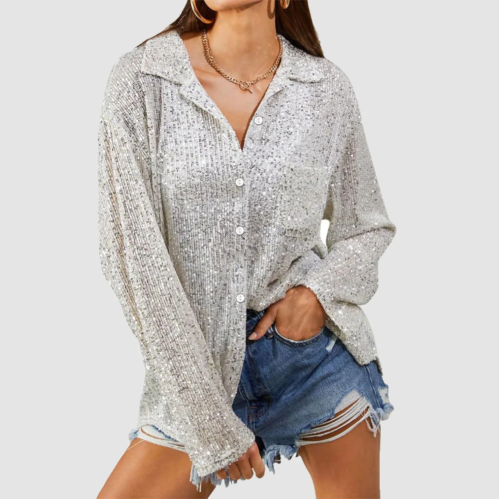 Women\'s Spring Fashion Sequin Button Casual Loose T-Shirt Clubwear Party Long Sleeve Shirt Tops Plus Size Clothing 2024