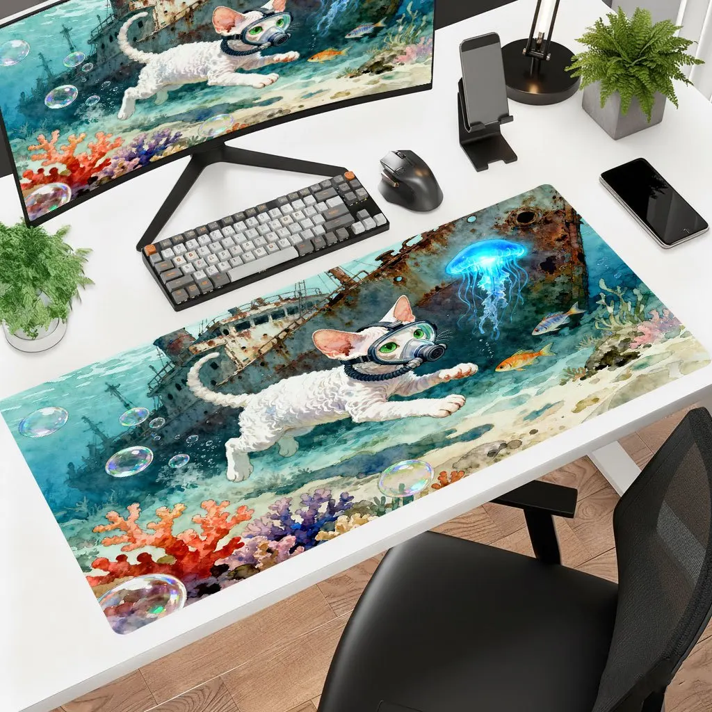 Diving Cat Shipwreck Art Mouse Pad, HD Print Thick Non-Slip Washable Rubber Desk Mat for Gaming Office Laptop, Multiple Sizes De