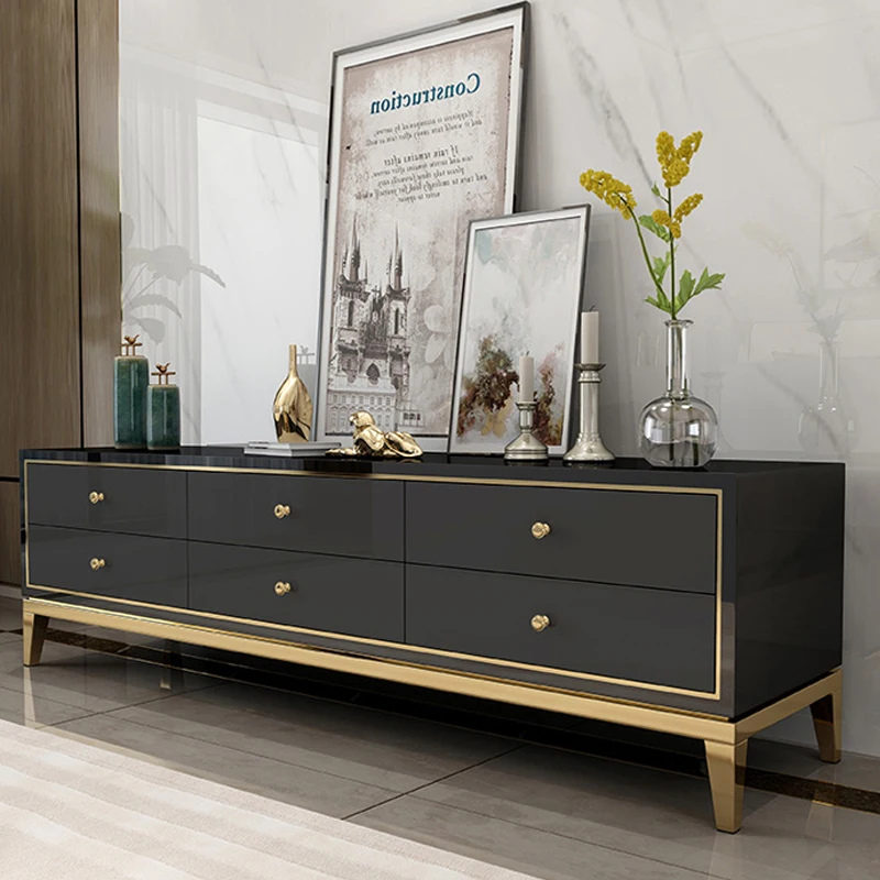 

Glass Surface Tv Cabinet Black Floor Luxury Apartment Tv Cabinet Simple Gold Leg Muebles Salon Moderno Livingroom Furniture