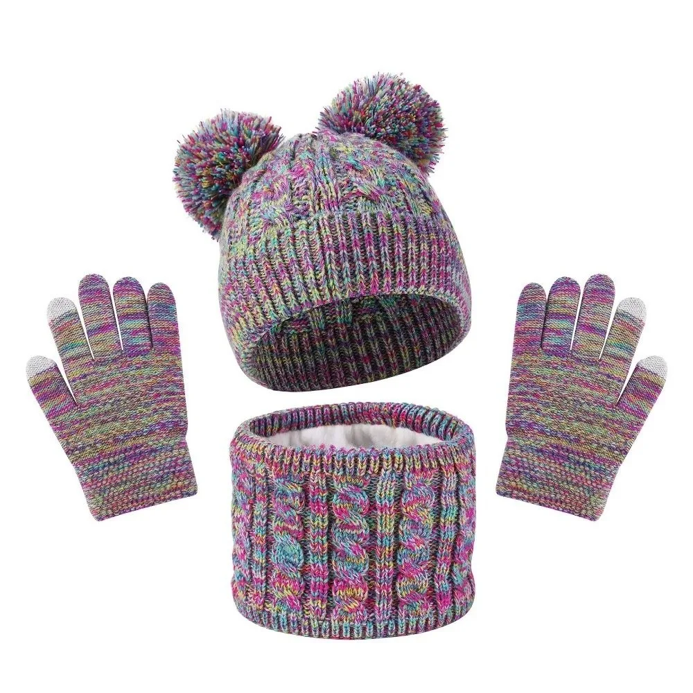 

Cute Pompom Baby Hat Scarf Gloves Set Warm Ears Keep Warm Toddler Knitted Hats Thickened Multicolor Hat Set Autumn Winter