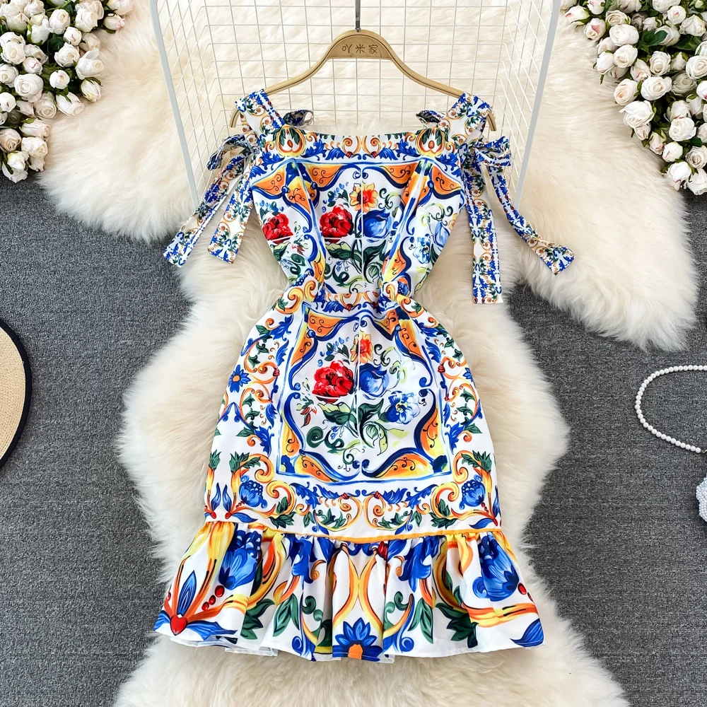 Summer Retro Palace Blue White Porcelain Floral Printed  Bow Tie Strap Sleeveless Mermaid Fishtail Dress Women Runway Vestidos