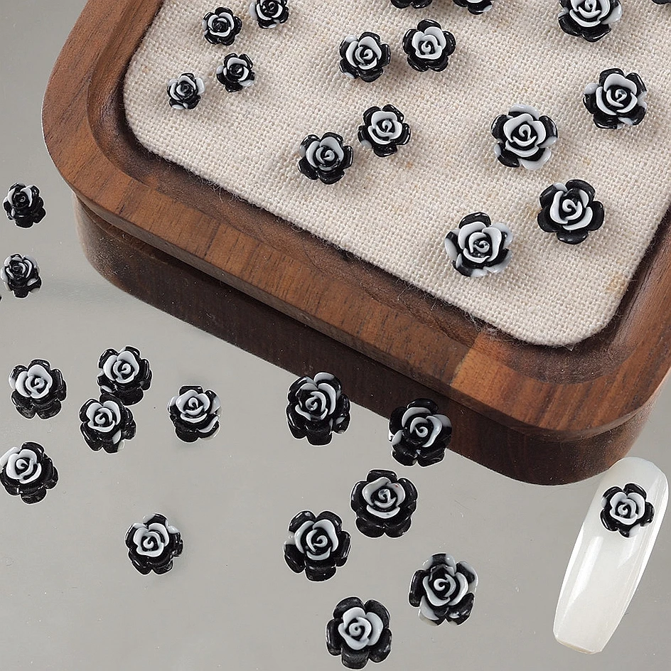 50 قطعة أبيض وأسود التمويه ثلاثية الأبعاد زهرة الأكريليك مسمار الفن السحر اكسسوارات ل الأظافر الديكور مانيكير ديكور لوازم أداة
