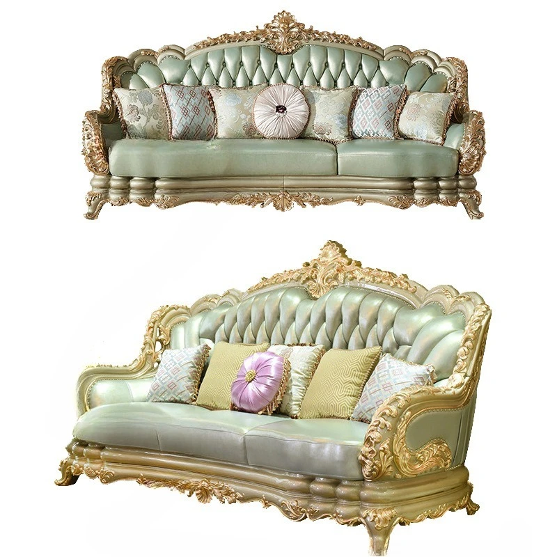 Sofa aus Massivholz, doppelseitig geschnitzt, europäisches Leder, Wohnzimmer, Rindsleder