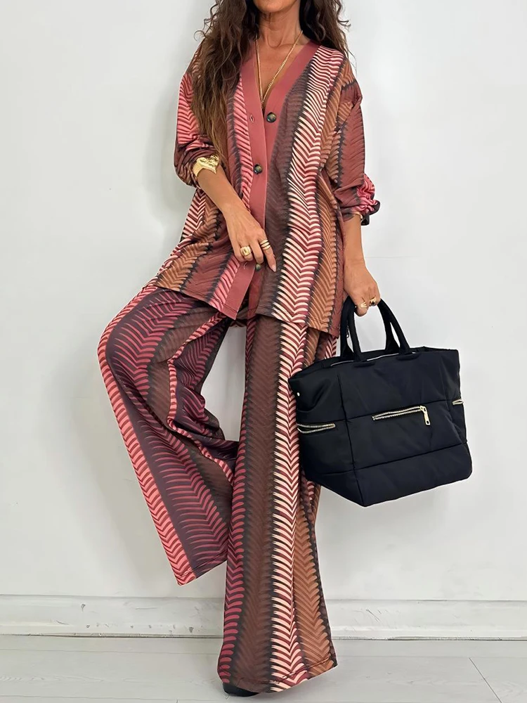 New Chic V Neck Long Sleeve Printing Holiday Button Cardigan Top With Wide Leg Pants - Spring Summer Two Piece Ladies Outfit Set view 5