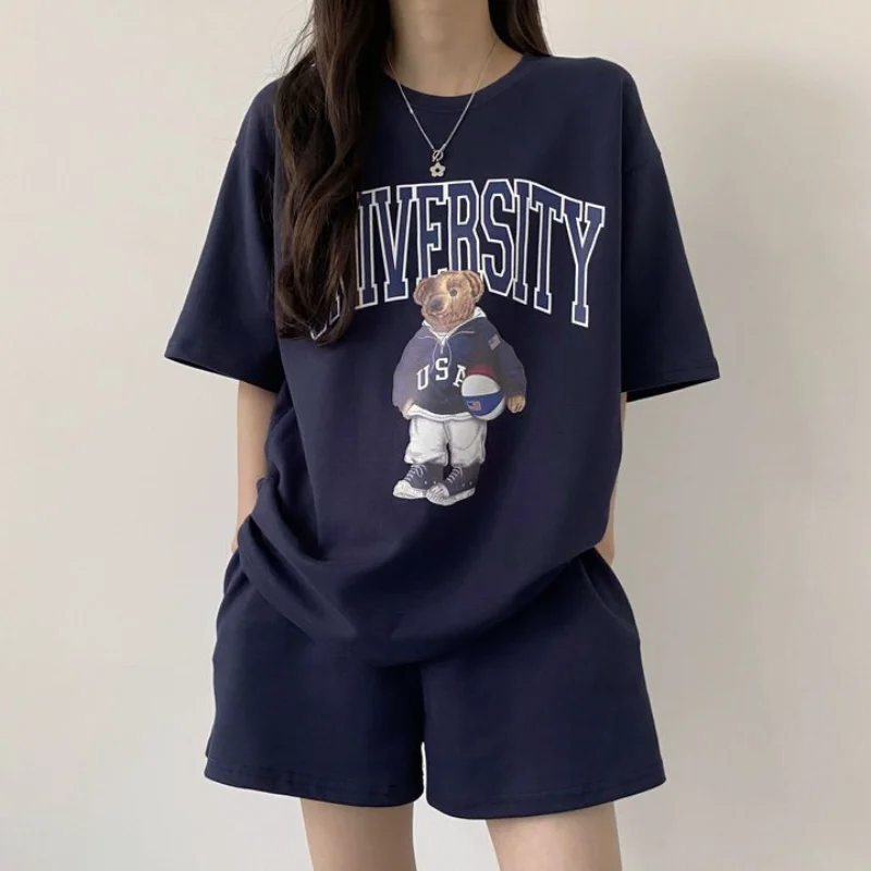 

2024 New Casual Loose Summer Cotton Bear Print Short Sets Women Two Pieces Short Sleeve T Shirt and High Waist Short Pants Suits