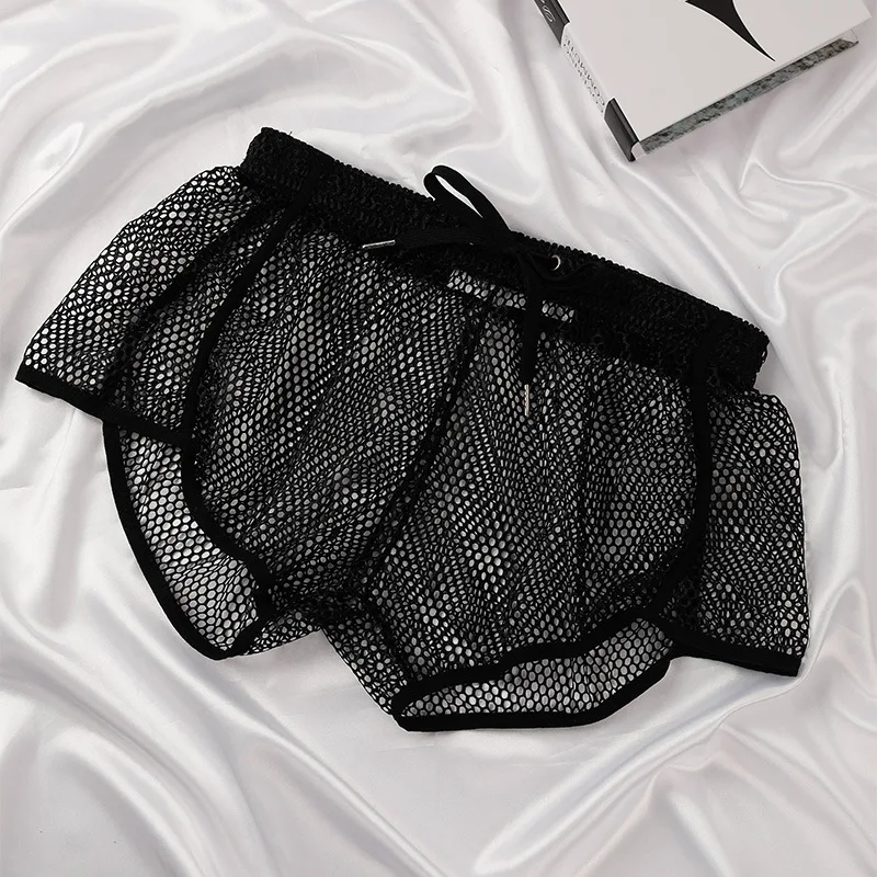 

Sexy Men's Hollow Out Sheer Mesh Boxers Underwear Loose Breathable Erotic Boxer Shorts Male Transparent Drawstring Arrow Pants