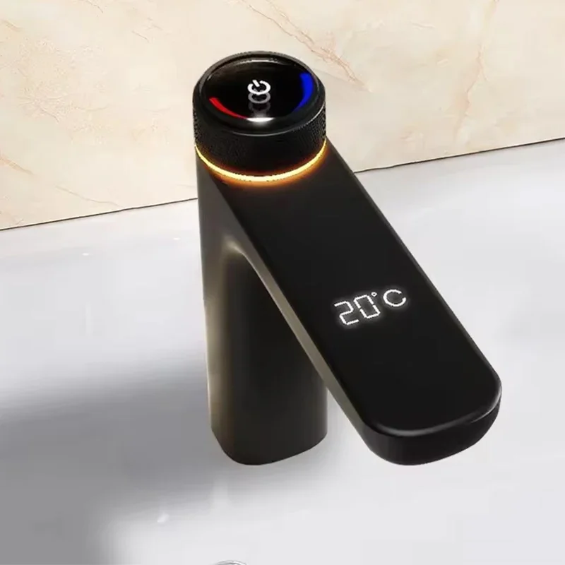 

Button Digital Display Black Hot and Cold Mixer Bathroom Faucet Deck Mount Brass Washbasin Faucet