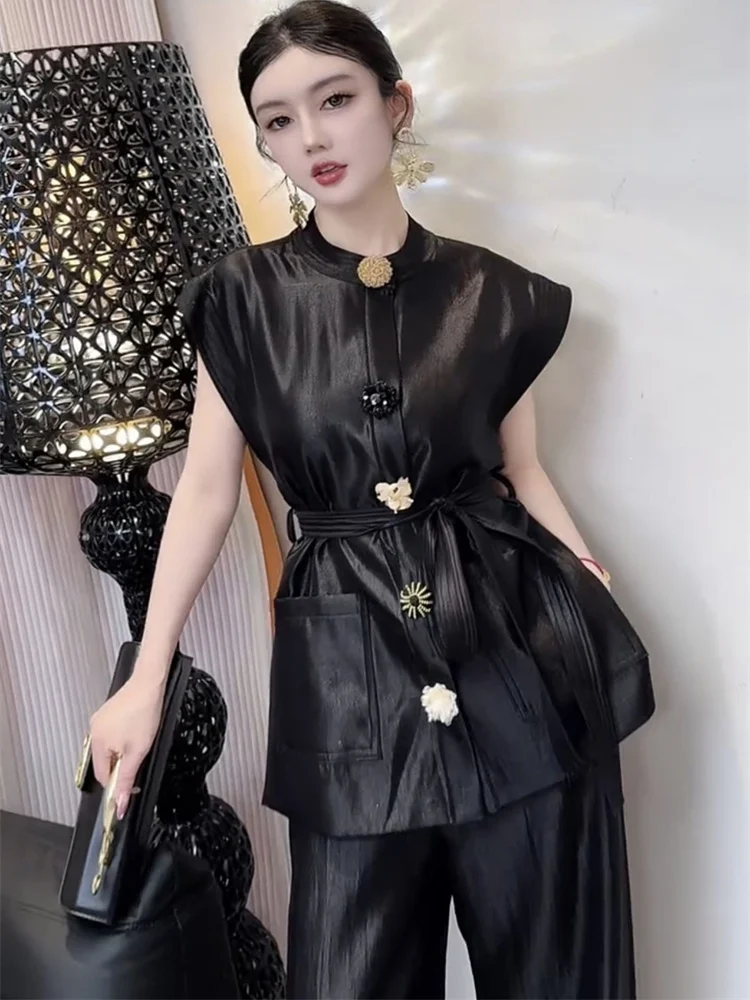 2025 Estate nuova moda sottile fascia alta leggera lusso industria pesante top camicia pantaloni casual dritti set per le donne