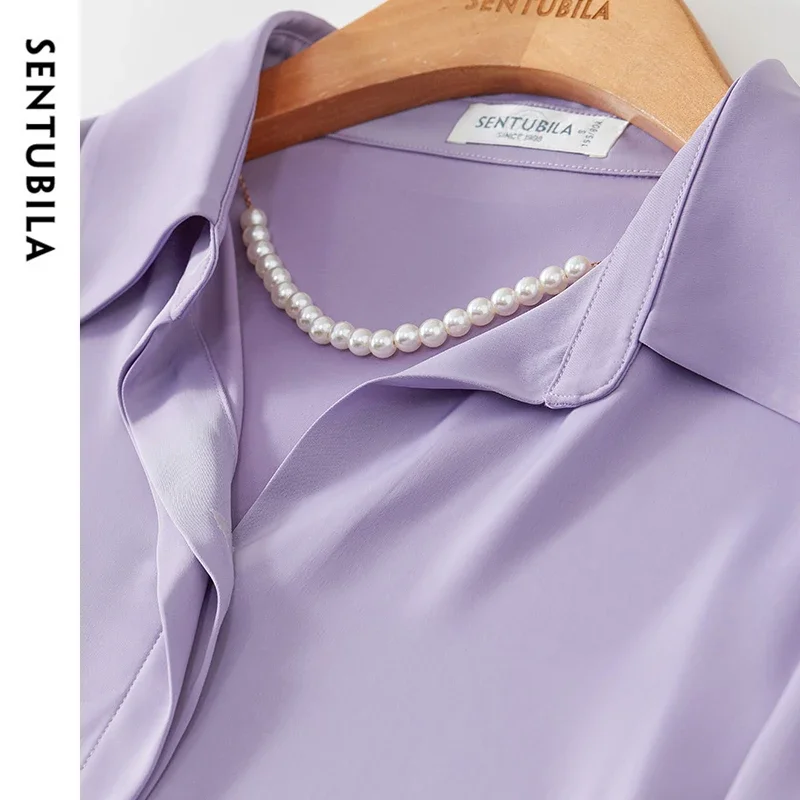 SENTUBILA Solid Office Lady Blouse for Women 2024 Autumn Straight Chiffon POLO Neck Elegant Pearl Chain Women Shirt 143V56771X