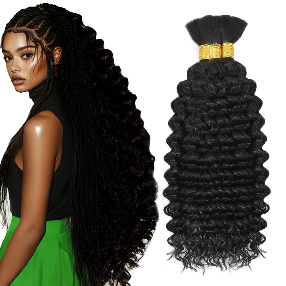 30 Inch 100% Human Hair Bundles for Women Deep Wave Bulk 1B Human Braids Hair Deep Curly Boho Hair for Braiding Hair Extensions