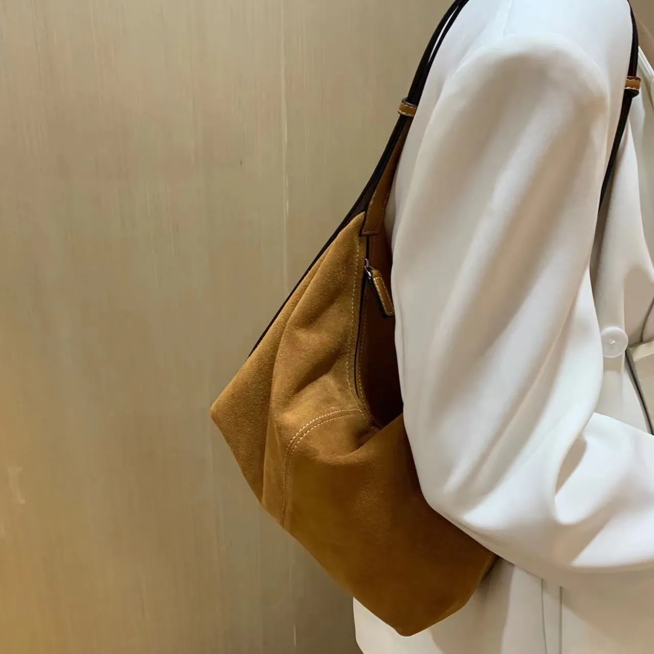 Women's Genuine Leather Suede Hobo Shoulder Bag Office Lady Fashion Vintage Patchwork Street Medium Size Brown Handbag bolsas 가방