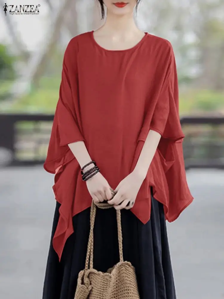 Femmes élégantes Blouses amples 2025 ZANZEA mode été col rond demi manches chemise solide travail Blusas femme asymétrique ourlet hauts