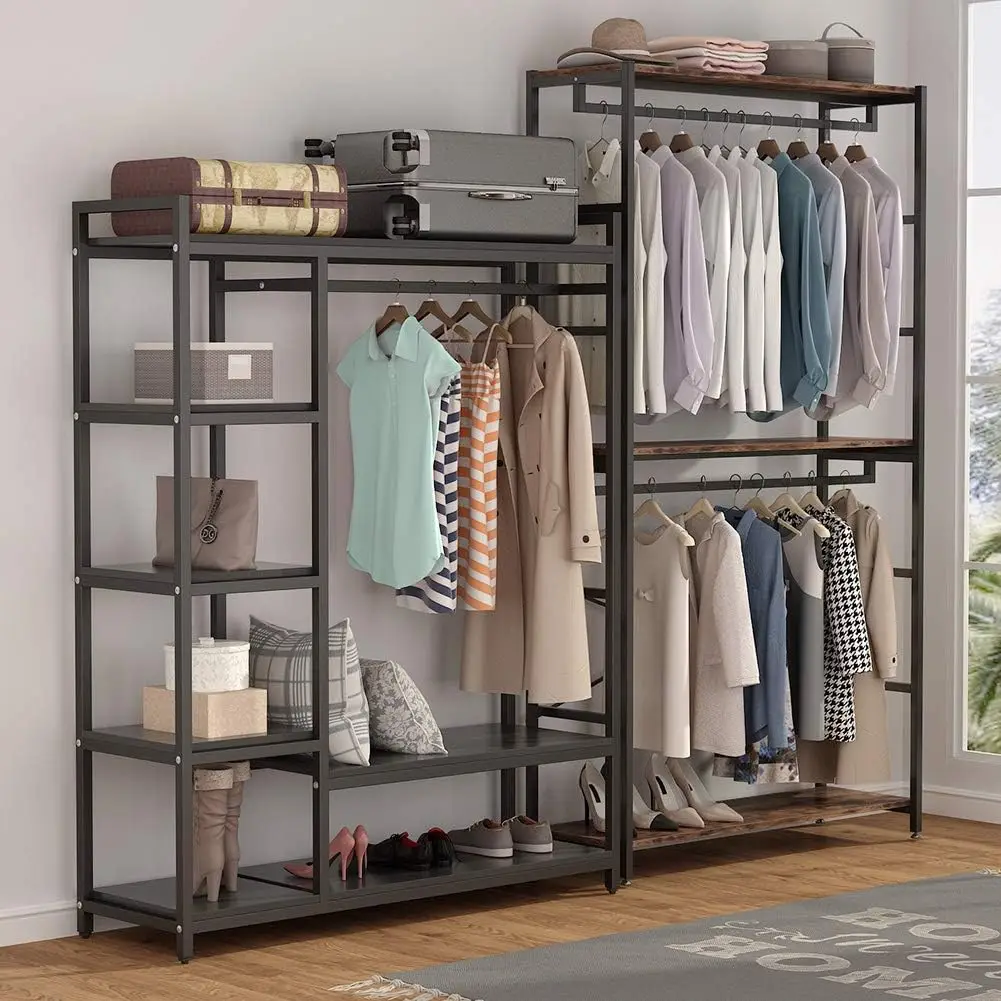 Double Rod Closet Organizer, Roupas Vestuário Racks, Prateleiras, Armazenamento de Roupas, Prateleiras Unidade, Independente, 7,2 pés, 3 Tiers, 86"