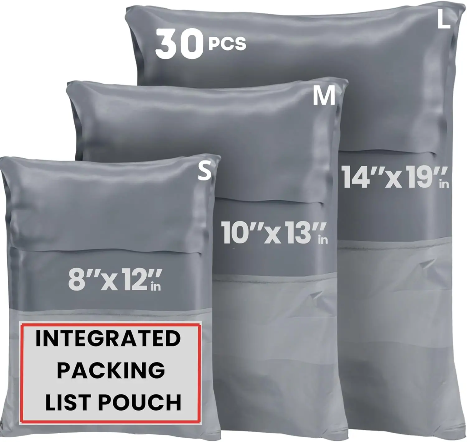 

30 Pack Poly Mailers, 3 Sizes: 8x12, 10x13, 14x19 - Tear & Water Resistant, Self-Seal