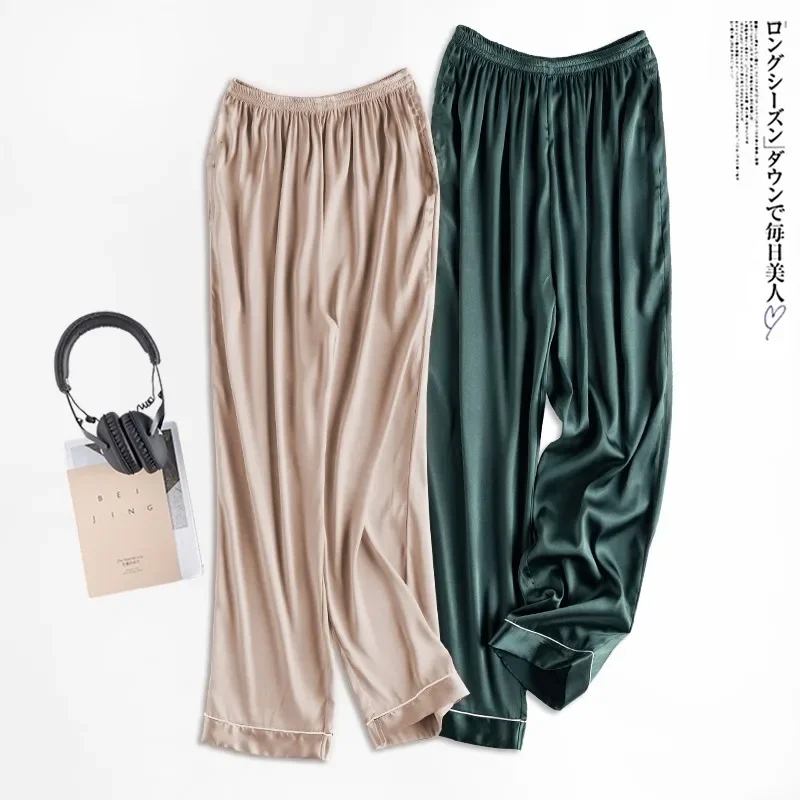 Spring Summer Satin Sleep Wear Women Pajama Solid Loose Sleeping Bottoms Ice Silk Pant Female Calf-Length Pants Lounge Home Wear