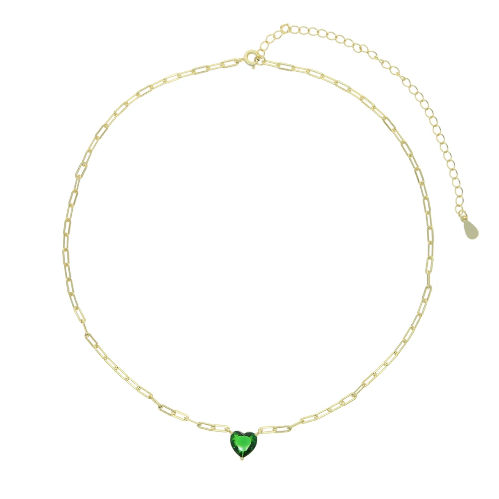 8mm Colorful Heart Shaped 5A Cubic Zirconia Charm Gold Plated 925 Sterling Silver Single Stone Necklaces