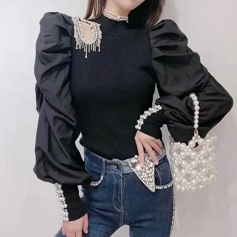 Autumn Korean Solid Color Beading Spliced Knitted Tops Female Fashion Women\'s Clothing Commute Lantern Sleeve Hollow Out T-shirt